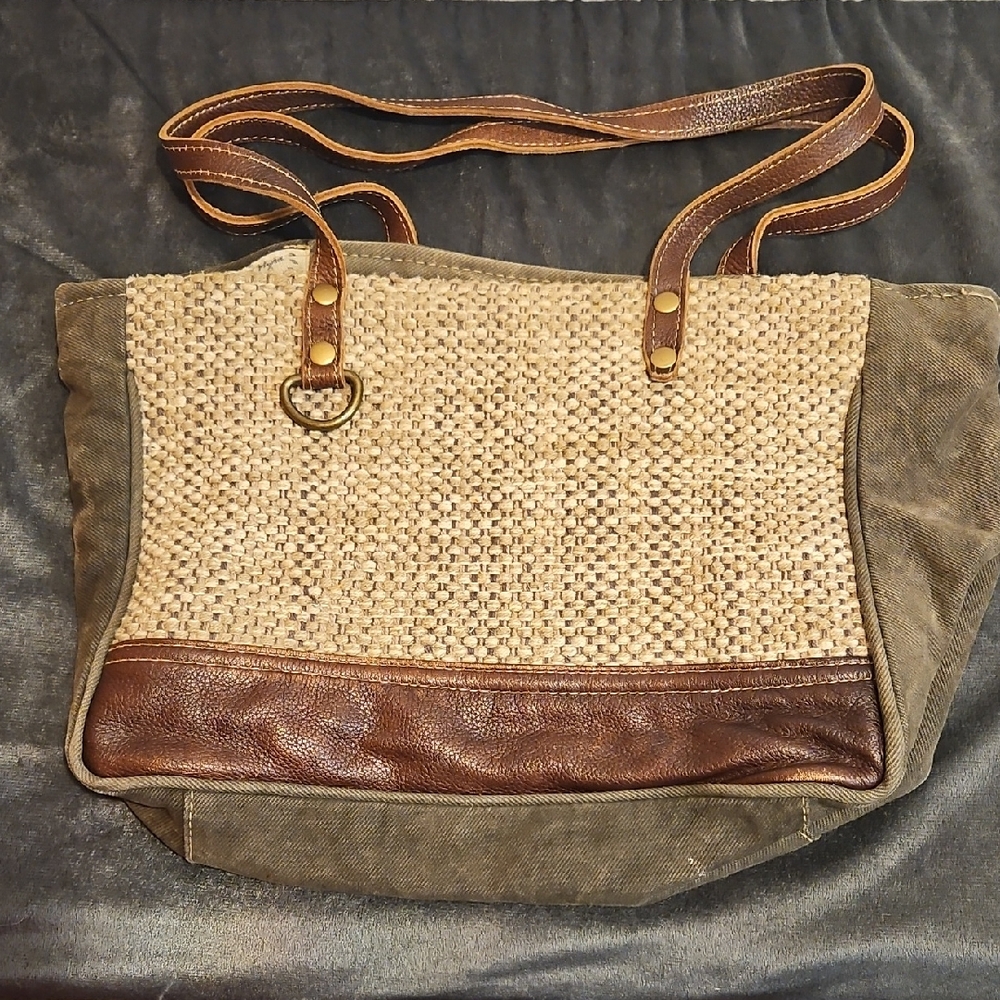Woven Denim & Leather Myra Bag Purse With Zipper closure.